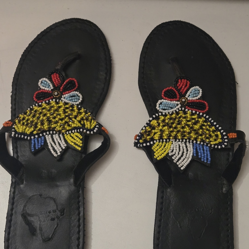 Beaded Black Sandals with Colorful Design